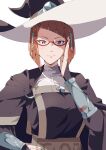  1girl absurdres adjusting_eyewear arm_guards black_bridal_gauntlets bridal_gauntlets cape closed_mouth diagonal_bangs fire_emblem fire_emblem_awakening glasses hair_tubes hat highres looking_at_viewer miriel_(fire_emblem) o-ring red-framed_eyewear red_hair solo tsujii_luki turtleneck witch_hat 