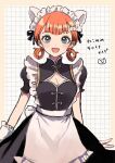  1girl :d animal_ears annette_fantine_dominic apron black_dress breasts cat_ears cat_hair_ornament cleavage_cutout clothing_cutout dress fake_animal_ears fire_emblem fire_emblem:_three_houses grid_background hair_ornament hair_rings highres looking_at_viewer maid maid_apron maid_headdress open_mouth orange_hair puffy_short_sleeves puffy_sleeves short_sleeves small_breasts smile solo yuurururun 