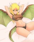  absurdres armor arms_up bad_source black_panties blonde_hair breastplate capricorn_(ova) dragon_girl dragon_horns dragon_tail dragon_wings geraldjess1 green_eyes highres horns mona_(capricorn) navel panties tail thick_thighs thighs underwear wings 