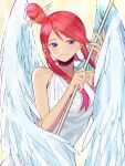  1girl alternate_costume angel angel_wings bare_shoulders blue_eyes dress feathered_wings halo highres holding holding_staff kana_(kanna_runa0620) long_hair long_sidelocks looking_at_viewer one_side_up pokemon pokemon_bw red_hair short_hair_with_long_locks skyla_(pokemon) sleeveless sleeveless_dress solo staff white_dress white_wings wings 