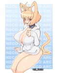 2024 animal_ears animal_humanoid big_breasts blush bottomless bottomless_female bottomless_humanoid breasts cat_humanoid cat_tail cleavage clothed clothing felid felid_humanoid feline feline_humanoid female hair hi_res hoodie humanoid looking_at_viewer mammal mammal_humanoid neco-arc red_eyes simple_background sitting solo tail tan_hair tan_tail thevarking topwear tsukihime type-moon white_background white_clothing white_hoodie white_topwear