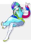  1other androgynous biseibutu blue_eyes blue_hair facepaint facial_mark feathers forehead_mark gnosia green_eyes green_hair headphones highres long_hair long_sleeves looking_at_viewer makeup multicolored_hair other_focus raqio simple_background solo tattoo upper_body white_footwear 