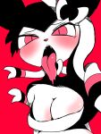  3:4 anthro blush bodily_fluids breasts drooling eeveelution fangs female generation_6_pokemon hi_res long_tongue looking_at_viewer nintendo pink_eyes pink_nose pokemon pokemon_(species) ram_g_thunder red_background ribbons saliva simple_background solo sylveon teeth tongue tongue_out 