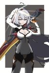  1girl ahoge bodysuit border botzevi breasts claymore_(sword) cleavage cleavage_cutout closed_eyes closed_mouth clothing_cutout facing_viewer grey_background highres holding holding_sword holding_weapon honkai_(series) honkai_impact_3rd kiana_kaslana kiana_kaslana_(white_comet) long_hair medium_breasts solo sword very_long_hair weapon white_bodysuit white_border white_hair 