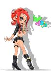  1girl agent_8_(splatoon) ass belt black_belt black_footwear black_panties black_shirt black_skirt blue_pupils boots breasts crop_top drop_shadow fangs hand_to_own_mouth hand_up high_heel_boots high_heels highres koharu2.5 long_hair miniskirt octoling octoling_girl octoling_player_character open_mouth orange_eyes panties pantyshot red_hair shirt simple_background single_sleeve skirt small_breasts solo splatoon_(series) splatoon_2 splatoon_2:_octo_expansion suction_cups teeth tentacle_hair thigh_belt thigh_strap underwear white_background 