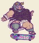  1boy ass_visible_through_thighs bara beard bulge dungeon_meshi dwarf facial_hair fake_horns full_body fungusfangs helmet highres horned_helmet horns long_beard looking_ahead male_focus midair outstretched_arms plump senshi_(dungeon_meshi) skateboarding solo sparse_leg_hair spread_arms thick_mustache thighs very_long_beard wide-eyed 