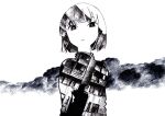  1girl bright_pupils building closed_mouth cloud commentary_request crosshatching greyscale hatching_(texture) high_contrast highres looking_at_viewer monochrome no_arms original short_hair solo traditional_media turtleneck uchida_akira_(taaiseee1121) upper_body 
