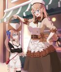  2girls amogan angry apron blonde_hair blue_eyes blush breasts commission fal_(girls&#039;_frontline) fnc_(girls&#039;_frontline) giant giantess girls&#039;_frontline hair_ribbon hat highres large_breasts long_hair multiple_girls pixiv_commission ribbon shaded_face skirt smile tall_female trembling 