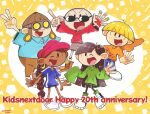  2girls 3boys anniversary bald black_hair blonde_hair cartoon_network child codename:_kids_next_door danishi dark_skin earrings english_text hat highres jewelry long_hair looking_at_viewer multiple_boys multiple_girls numbuh_1 numbuh_2 numbuh_3 numbuh_4 numbuh_5 open_mouth shorts smile standing sunglasses toon_(style) 