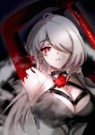  1girl acheron_(honkai:_star_rail) ahoge armpits black_choker blood blood_from_eyes breasts bright_pupils choker cleavage colored_extremities commentary_request criss-cross_halter earrings flower hair_over_one_eye halterneck highres holding holding_sword holding_weapon honkai:_star_rail honkai_(series) jewelry large_breasts long_hair looking_at_viewer parted_lips red_eyes red_flower scorpio_z1112 solo sword upper_body weapon white_hair white_pupils 