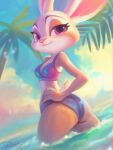 anthro clothing disney female flerie judy_hopps lagomorph leporid looking_at_viewer looking_back mammal palm_tree plant purple_eyes rabbit seaside solo splashing_water sunset swimwear tree vacation zootopia