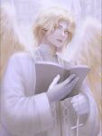  1boy adam_(lord_of_the_mysteries) angel angel_wings bangs blonde_hair book building cathedral chinese_commentary colored_eyelashes commentary_request cross ears gloves hands_up holding holding_book holding_cross long_sleeves lord_of_the_mysteries open_book short_hair smile teeth themessiah white_robe wings yellow_eyes 