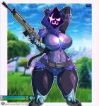  2024 anthro armor artist_name averag3artist bear belt big_breasts blurred_background breasts clothing crotch_tuft epic_games eye_scar facial_scar female fortnite gameplay_mechanics gauntlets genitals gloves gun hand_behind_head handwear hi_res holding_gun holding_object holding_ranged_weapon holding_rifle holding_weapon leg_armor looking_at_viewer mammal pussy ranged_weapon raven_team_leader rifle scar shadow_face smile solo thick_thighs tuft twitter_handle weapon 