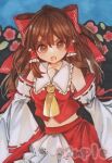  1girl ascot bow detached_sleeves frilled_bow frilled_hair_tubes frills hair_bow hair_tubes hakurei_reimu marker_(medium) monji_(monzi328) open_mouth red_bow red_skirt ribbon-trimmed_sleeves ribbon_trim skirt skirt_set solo touhou traditional_media yellow_ascot 