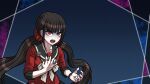  1girl angry black_sailor_collar black_skirt black_wristband blue_background blunt_bangs bow bowtie brown_hair collared_shirt commentary_request cowboy_shot danganronpa_(series) danganronpa_v3:_killing_harmony eyelashes flower_brooch hair_ornament hair_scrunchie hairclip hand_on_own_chest harukawa_maki infinity_symbol long_hair long_sleeves low_twintails mole mole_under_eye official_style open_mouth outside_border outstretched_hand palms parody plaid plaid_skirt pocket polka_dot polka_dot_background polka_dot_bowtie red_eyes red_scrunchie red_shirt red_sleeves sailor_collar school_uniform scrunchie serafuku shaded_face shirt simple_background skirt sleeves_past_elbows solo style_parody teeth twintails v-shaped_eyebrows very_long_hair white_bow white_bowtie yumaru_(marumarumaru) 