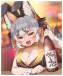  1girl alcohol animal_ears blush bottle bow bowtie brown_hair bunny_garden drias extra_ears fox_ears fox_girl fox_tail grey_hair highres island_fox_(kemono_friends) jacket kemono_friends kemono_friends_v_project long_hair looking_at_viewer parody rabbit_ears ribbon sake_bottle sleeveless solo tail virtual_youtuber wrist_cuffs yellow_eyes 