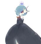  alternate_color artist_name black_dress black_gloves blue_hair bob_cut dress elbow_gloves gardevoir gloves hair_over_one_eye highres mega_gardevoir mega_pokemon ovoip pokemon pokemon_(creature) shiny_pokemon simple_background strapless strapless_dress white_background 