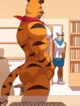  anthro backwards_baseball_cap backwards_hat baseball_cap bottomwear butt caught clothing computer_keyboard covering covering_self duo father_(lore) felid frosted_flakes furtissier hat headgear headwear hi_res kellogg&#039;s male mammal mascot pantherine parent_(lore) shorts son_(lore) tiger tony_jr tony_the_tiger walk-in 