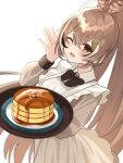  1girl :d ahoge alternate_costume apron brown_dress brown_eyes brown_hair butter crossed_bangs dress food hair_between_eyes hair_ornament hairclip hand_up highres holding holding_tray hololive hololive_english long_hair looking_at_viewer maple_syrup nanashi_mumei one_eye_closed pancake pancake_stack plate ponytail ribbon shishi_cc smile syrup tray upper_body very_long_hair virtual_youtuber waitress 