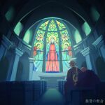  2boys church church_interior coat dark donquixote_rocinante from_behind hat highres indoors male_focus multiple_boys one_piece santa65 stained_glass trafalgar_law 