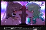  ceres_fauna dark-skinned_male dark_skin double_fellatio fellatio goth_fashion highres hololive hololive_english interracial livestream nanashi_mumei oral 