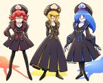  3girls arms_behind_back black_dress blonde_hair blue_hair dress flamberge_(kirby) francisca_(kirby) full_body heart highres humanization kirby_(series) lilowleelani looking_at_viewer multiple_girls one_eye_closed red_hair shadow standing zan_partizanne 