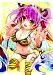  1girl :d angel angel_wings animal_ears animal_print bikini blush bracelet breasts chinese_zodiac cleavage commentary_request fang feathered_wings gradient_eyes gradient_hair halo happy happy_new_year highres jewelry jibril_(no_game_no_life) large_breasts long_hair looking_at_viewer low_wings magic_circle mii_aki multicolored_eyes multicolored_hair navel new_year no_game_no_life no_shoes orange_eyes paw_pose pink_hair smile solo stomach swimsuit tail tattoo thighhighs tiger_ears tiger_girl tiger_print tiger_stripes tiger_tail very_long_hair white_wings wing_ears wings year_of_the_tiger yellow_eyes 
