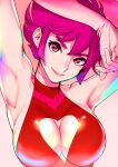  1girl armpits arms_behind_head bare_arms breast_focus breasts cleavage cleavage_cutout closed_mouth clothing_cutout collarbone commentary_request cutie_honey cutie_honey_(character) dytm eyebrows_visible_through_hair hair_between_eyes heart highres large_breasts leotard lips looking_at_viewer pink_background pink_hair red_eyes red_leotard short_hair simple_background smile solo thick_eyebrows upper_body 