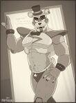  4_fingers absurd_res anthro athletic athletic_male bedroom_eyes big_pecs bow_tie broad_shoulders bulge clothing dialogue ear_piercing ear_ring eyebrows facial_markings fingers five_nights_at_freddy&#039;s five_nights_at_freddy&#039;s:_security_breach glamrock_freddy_(fnaf) hat head_markings headgear headwear hi_res jumpy_jackal looking_at_viewer machine male mammal markings mature_male muscular muscular_anthro muscular_male narrowed_eyes navel open_mouth pecs piercing raised_eyebrow robot scottgames seductive short_tail shoulder_pads solo talking_to_viewer teeth thong top_hat underwear ursid video_games 