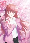  1girl absurdres bangs black_skirt blurry blurry_foreground blush branch breasts cherry_blossoms collarbone copyright_name cowboy_shot depth_of_field english_text eyebrows_visible_through_hair flower hair_between_eyes hands_up head_tilt highres jacket logo long_hair looking_at_viewer medium_breasts off_shoulder official_art open_mouth pink_hair pink_jacket red_eyes sasaki_masakatsu shadow shirt sidelocks skirt sleeves_past_wrists smile solo standing tonikaku_kawaii tree white_shirt yuzaki_tsukasa 