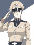  1girl breasts gundam hat looking_at_viewer matilda_ajan mikisato military military_uniform mobile_suit_gundam monochrome peaked_cap salute short_hair smile solo uniform very_short_hair 