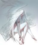  1girl absurdres angel_wings barefoot blood blood_on_feet feathered_wings highres holding_own_arm jung_myung_lee korean_commentary light_blue_eyes long_hair messy_hair no_pants original panties shadow sitting solo underwear white_hair wings 