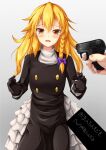  1girl 1other at_gunpoint bangs black_coat black_gloves blonde_hair blush bow breasts brown_eyes buttons coat commentary_request cookie_(touhou) cowboy_shot eyebrows_visible_through_hair gloves gradient gradient_background grey_background gun hair_bow handgun highres holding holding_gun holding_weapon kirisame_marisa long_hair looking_at_viewer open_mouth petticoat pistol pov purple_bow rei_(cookie) shirt small_breasts solo_focus szk touhou translation_request turtleneck weapon white_shirt 