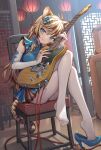  1girl :3 :q ahoge animal_ear_fluff animal_ears blonde_hair blue_dress blue_eyes blue_ribbon blush cable chair chinese_zodiac closed_mouth commentary crossed_legs dress electric_guitar english_commentary full_body guitar hair_ribbon high_heels highres holding holding_instrument indoors instrument kurobuta_gekkan lantern legs long_hair looking_at_viewer on_chair original pantyhose paper_lantern ribbon shoe_dangle shoes short_dress sidelocks single_shoe sitting sleeveless sleeveless_dress smile solo tail tiger_ears tiger_girl tiger_tail tongue tongue_out white_legwear year_of_the_tiger 