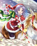  1girl :d absurdres alternate_costume bangs bell blue_eyes candy candy_cane circlet detached_sleeves dress fire_emblem fire_emblem:_the_blazing_blade florina_(fire_emblem) food fur_trim green_ribbon hat highres holding holding_candy holding_candy_cane holding_food kakiko210 long_hair looking_at_viewer open_mouth parted_bangs pegasus purple_hair red_dress ribbon saddle santa_costume santa_hat smile 
