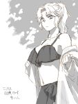  1girl breasts character_request cleavage closed_mouth gensou_suikoden gensou_suikoden_tierkreis greyscale looking_at_viewer medium_hair midriff mikisato monochrome navel ponytail solo 
