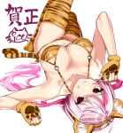  1girl animal_ears animal_hands animal_print arm_up armpits bangs bare_arms bare_shoulders bikini blush breasts bright_pupils chinese_zodiac cleavage commentary_request eyebrows_visible_through_hair fake_animal_ears fingerless_gloves gloves grin hairband highres ice_reizou large_breasts long_hair looking_at_viewer lying nail_polish o-ring on_back orange_bikini original parted_lips paw_gloves pink_hair purple_nails red_eyes side-tie_bikini sideboob simple_background skindentation smile solo string_bikini swimsuit tail thighhighs thighs tiger_ears tiger_print tiger_tail white_background year_of_the_tiger 