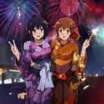  2girls :d animal_print arm_around_waist bangs bird_print black_hair blush breasts brown_eyes brown_hair cowboy_shot eyebrows_visible_through_hair fireworks floating_hair hair_ornament hair_stick hibike!_euphonium highres holding japanese_clothes kimono kousaka_reina long_hair looking_at_viewer medium_breasts multiple_girls nail_polish new_year night obi open_mouth orange_kimono orange_nails oumae_kumiko outdoors pink_nails ponytail purple_eyes purple_kimono sash sbel02 short_hair sidelocks smile sparkler v yukata 