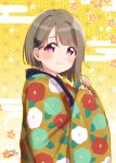 1girl absurdres bangs black_bow bob_cut bow brown_hair closed_mouth commentary egasumi english_commentary floral_print hair_bow hands_up highres japanese_clothes kimono looking_at_viewer love_live! love_live!_nijigasaki_high_school_idol_club nakasu_kasumi new_year nyako_(utaneko31) patterned_background pink_eyes short_hair signature sleeves_past_wrists smile solo upper_body yellow_background yellow_kimono 
