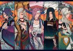  5boys absurdres bandaged_arm bandaged_head bandages black_hair black_sclera blue_eyes bodypaint colored_sclera crossed_arms dragon dragon_boy earrings gradient_eyes gradient_hair green_eyes hair_over_one_eye highres horns ichi_asakura ichimokuren_(onmyoji) japanese_clothes jewelry long_hair male_focus monster_boy multicolored_eyes multicolored_hair multiple_boys multiple_persona nail_polish onmyoji pink_hair pointy_ears purple_hair red_eyes sarashi single_earring white_hair 