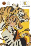  1boy 2022 animal artist_name black_hair blue_eyes braid braided_ponytail chinese_zodiac colored_sclera guu_(hakahonoo) hands_in_opposite_sleeves highres jewelry long_hair looking_at_viewer multicolored_hair necklace orange_hair original solo tiger upper_body white_hair year_of_the_tiger yellow_sclera 