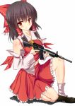  1girl ascot assault_rifle bangs black_footwear black_hair blush bow breasts brown_hair closed_mouth commentary_request cookie_(touhou) detached_sleeves eyebrows_visible_through_hair frilled_bow frilled_hair_tubes frilled_skirt frills full_body gun hair_bow hair_tubes hakurei_reimu highres holding holding_gun holding_weapon long_hair looking_at_viewer m16 medium_breasts one_knee red_bow red_skirt red_vest reu_(cookie) rifle sarashi shirt shoes sidelocks simple_background skirt sleeveless sleeveless_shirt smile socks solo szk touhou vest weapon white_background white_legwear white_sleeves yellow_ascot 