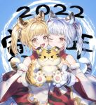  2022 2girls :3 animal_ears animal_hands bai_(granblue_fantasy) bangs bare_shoulders blonde_hair blue_background blue_hair blush cheek-to-cheek cidala_(granblue_fantasy) commentary_request detached_sleeves dress fangs granblue_fantasy hair_intakes heads_together highres huang_(granblue_fantasy) laolao_(granblue_fantasy) looking_at_viewer multiple_girls new_year one_eye_closed open_mouth orange_eyes shiromimin sleeveless sleeveless_dress smile tail tiger tiger_cub tiger_paws tiger_tail turtleneck twintails two-tone_background white_background wide_sleeves 