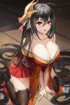  1girl absurdres ahoge azur_lane bangs bare_shoulders black_hair black_legwear breasts cleavage collarbone feather-trimmed_sleeves foot_out_of_frame hair_between_eyes hair_ornament hair_ribbon highres japanese_clothes kimono kneeling large_breasts lillly long_hair mask mask_on_head no_shoes obi on_floor open_mouth red_eyes red_kimono red_ribbon ribbon sash short_kimono solo taihou_(azur_lane) teeth tengu_mask thighhighs upper_teeth very_long_hair zettai_ryouiki 