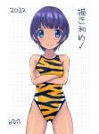  1girl animal_print ass_visible_through_thighs black_hair blue_hair commentary_request competition_swimsuit cowboy_shot crossed_arms logo looking_at_viewer one-piece_swimsuit original short_hair simple_background solo split_mouth swimsuit tiger_print translated white_background yellow_swimsuit yonesuke_(yonesukesuke) 