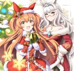  2girls :d ahoge bangs bell belt biwa_hayahide_(umamusume) black_belt black_legwear bow brooch capelet christmas christmas_stocking christmas_tree closed_mouth commentary_request dress eyebrows_visible_through_hair fur-trimmed_capelet fur_trim garland_(decoration) gift glasses gloves gudon_(iukhzl) half_gloves hat hat_bow highres holding holding_gift holly horse_girl jewelry light_smile long_hair long_sleeves looking_at_viewer mayano_top_gun_(umamusume) medium_dress miracles_of_the_holy_night_(umamusume) multiple_girls necklace off-shoulder_dress off_shoulder official_alternate_costume open_mouth orange_eyes orange_hair pantyhose red-framed_eyewear red_capelet red_dress red_gloves red_headwear santa_hat semi-rimless_eyewear short_dress silver_hair smile standing tiara two_side_up umamusume under-rim_eyewear yellow_eyes 
