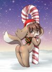  absurd_res brown_body brown_fur butt candy candy_cane canid canine canis christmas christmas_clothing christmas_headwear clothing dessert domestic_dog food freddie_(gundam_build_divers_re:rise) fur gundam_build_divers_re:rise hat headgear headwear hi_res holidays lkiws male mammal nude santa_hat snow solo 