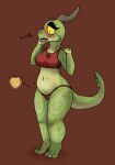  anthro belly blush bodily_fluids clothing digital_media_(artwork) english_text female full-length_portrait full_bladder genital_fluids green_body green_scales hi_res kobold navel omorashi panties portrait red_clothing red_panties red_topwear red_underwear scales scalie shaded simple_background solo squablodecomplash standing story story_in_description text topwear underwear urine yellow_eyes 