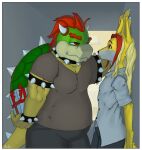  animal_humanoid anthro border bowser canid canine canis clothed clothing dodger_akame duo gift hi_res humanoid koopa koopa_humanoid male male/male mammal mario_bros moche nintendo reptile scalie scalie_humanoid turtle utau video_games white_border wolf 