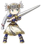  1girl armor armored_dress blue_armor blue_eyes braid chibi dokan_(dkn) feathers full_body helmet lenneth_valkyrie long_hair shoulder_armor silver_hair simple_background solo sword valkyrie valkyrie_profile weapon white_background winged_helmet 